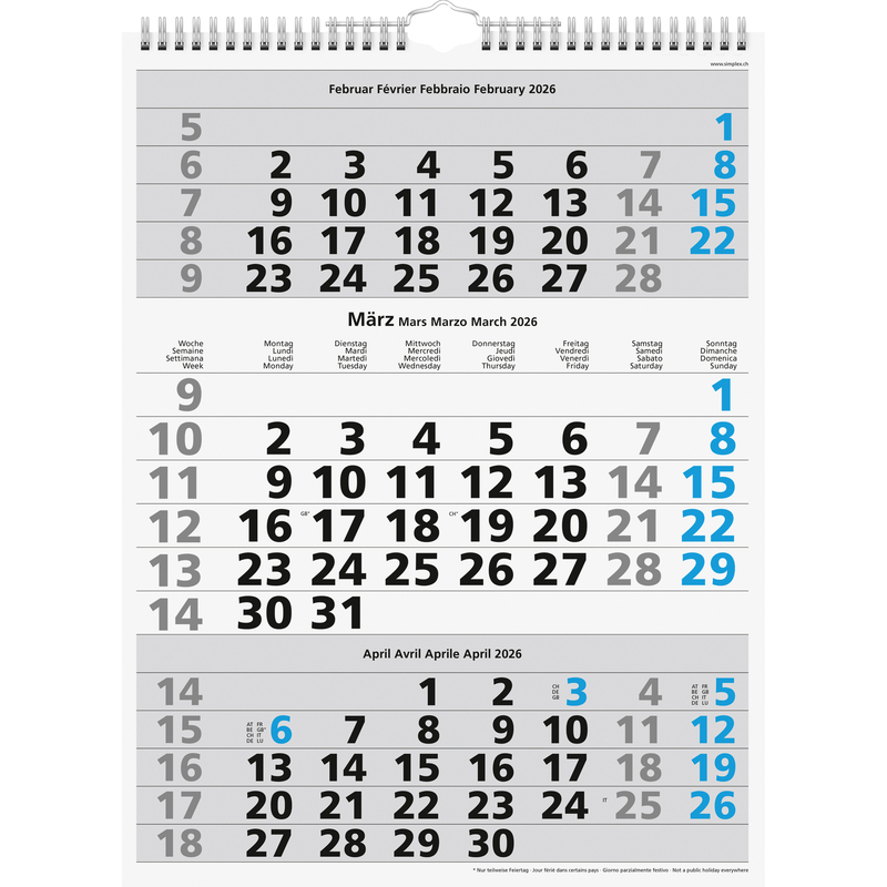 Simplex 3-Monats-Wandkalender 2026, 3 Monate / Seite, blau/grau