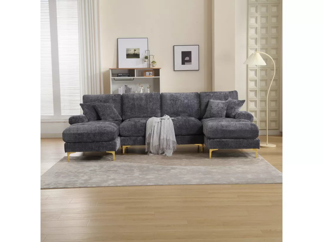 Canapé d'angle 4 places, 272x136x88cm,Grand canapé en forme de U, moderne, en tissu chenille, gris