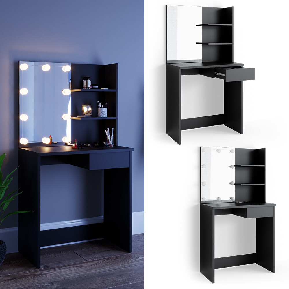 Vicco Schminktisch Dekos Frisiertisch Kommode Frisierkommode Spiegel Schwarz inklusive LED-Lichterkette