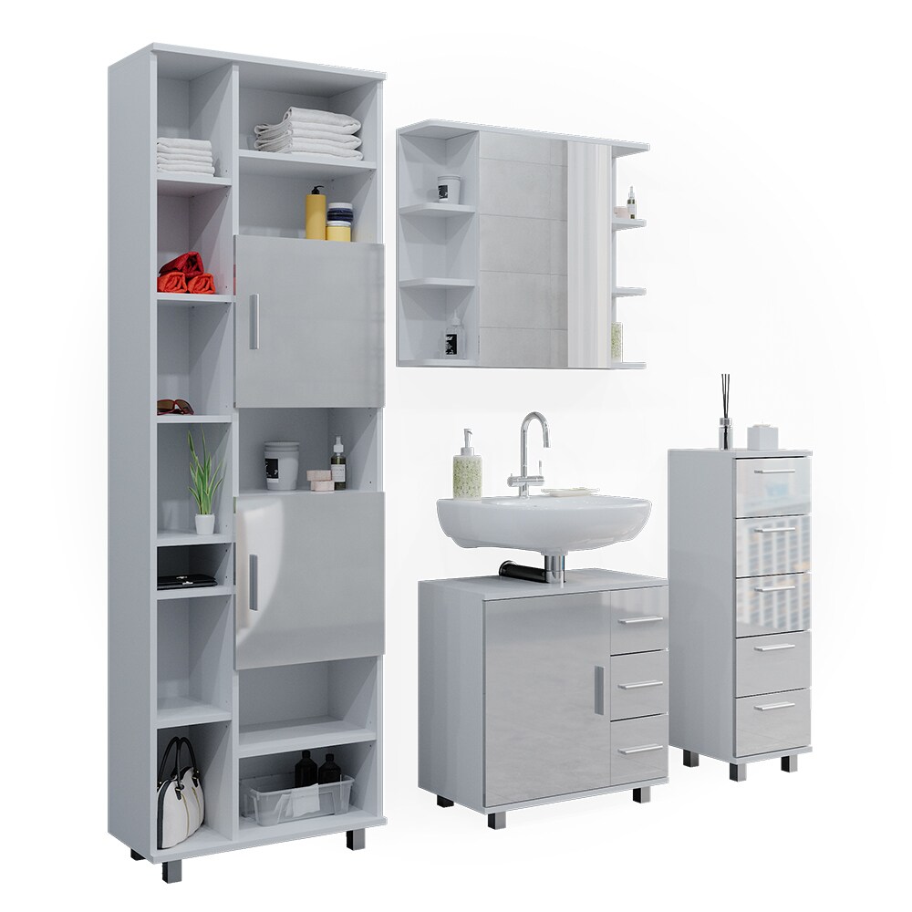 Vicco Badmöbelset Ilias Weiß Hochglanz modern Badezimmer Schrank Badschrank Waschtischunterschrank Spiegelschrank Midischrank Hochschrank Schranktür Schrankschublade Schrankfach Ablage Aufbewahrung