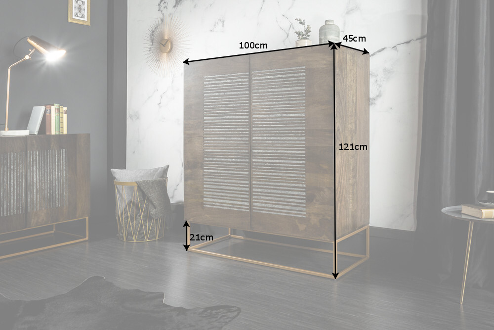 Massives Highboard ONYX 120cm dunkelbraun Mangoholz Edelstein Achat gold Metallgestell