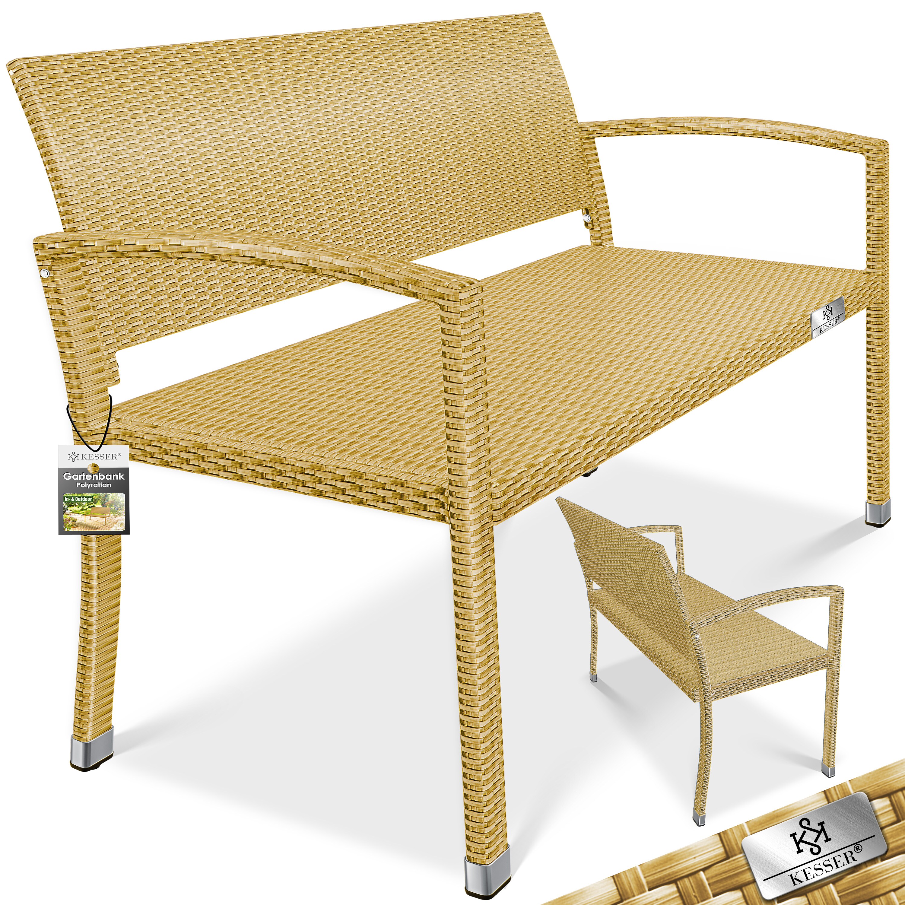 KESSER® Gartenbank Polyrattan 2-Sitzer Wetterfest | Rattan-Sitzbank UV-Beständig & bis 320kg belastbar | Balkon-Bank 125x62x90cm | Garten-Möbel mit ergonomischen Armlehnen | Für 2 Personen