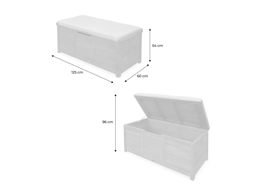 Coffre de jardin en bois 200L - Caja gris- 125x60cm rangement coussins avec 2 vérins et poignées