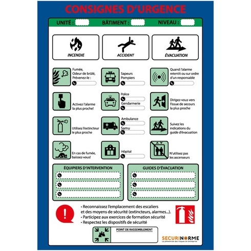 Poster plastifié - Consignes d'urgence - format A3