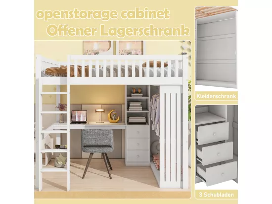 Lit mezzanine 140x200 Bureau Armoire 3 tiroirs Garde-corps Escalier Blanc