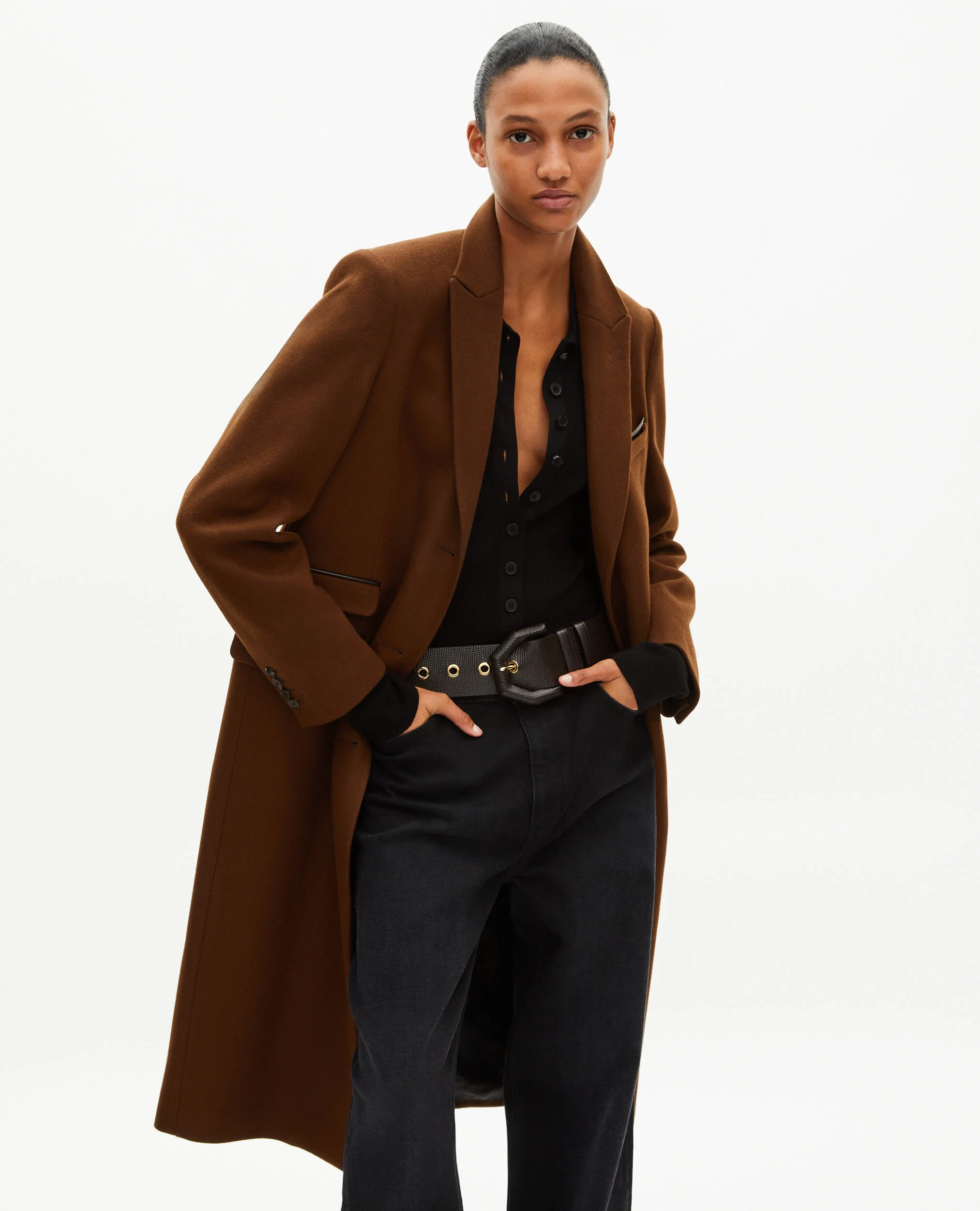 Manteau long en laine avec détails de cuir marron