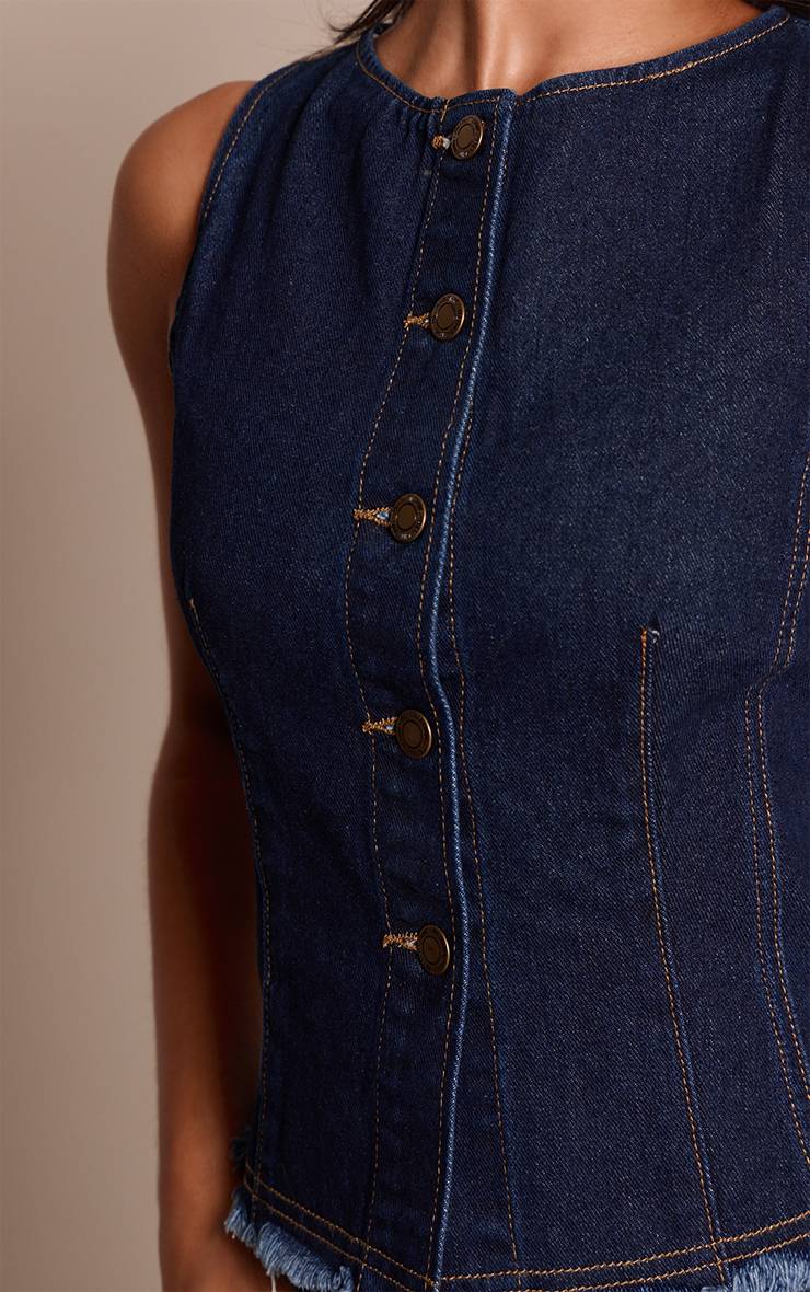 Bleu Indigo Gilet Long Ajusté Sans Manches En Denim Petite