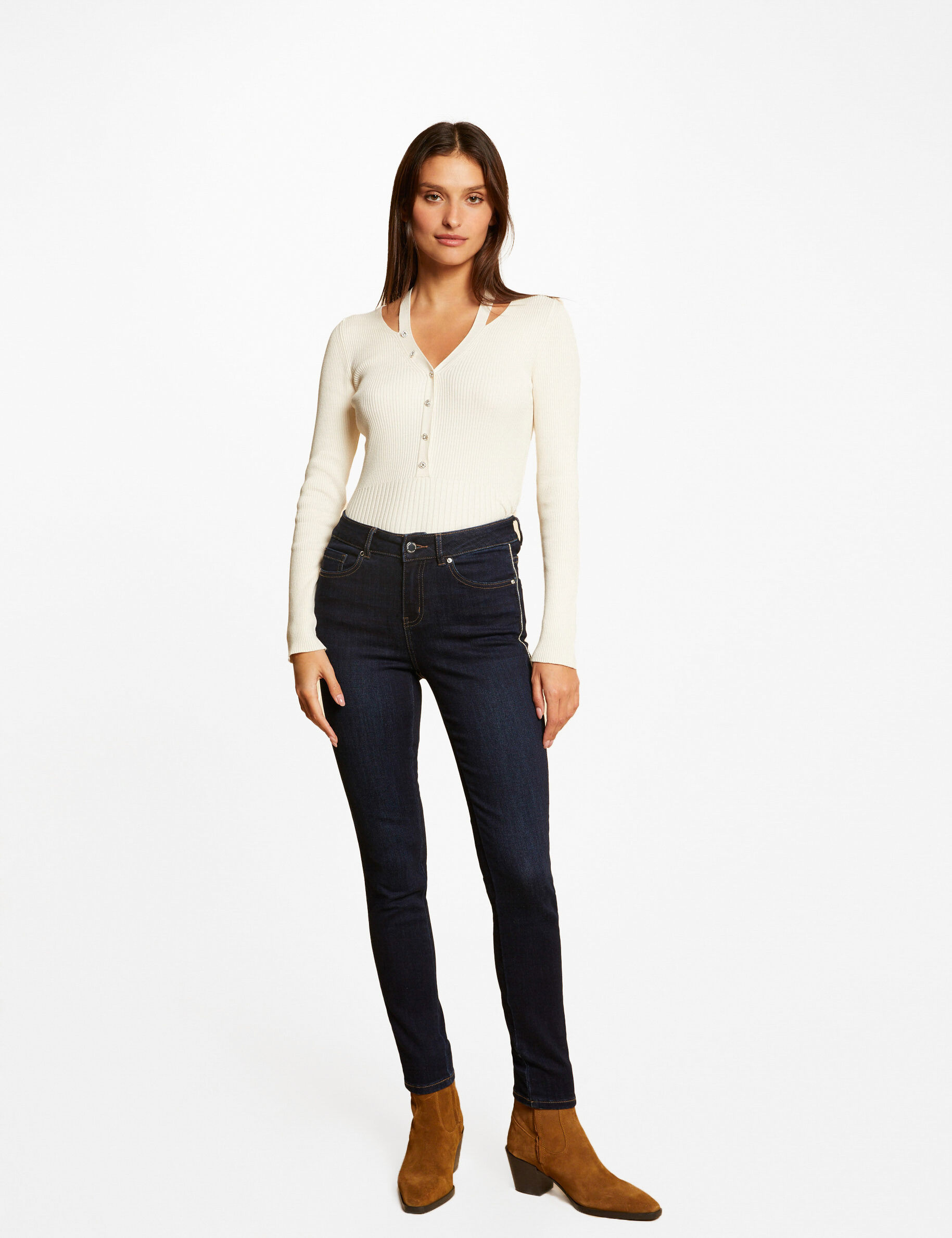 Pull manches longues avec boutons ivoire femme - ivoire