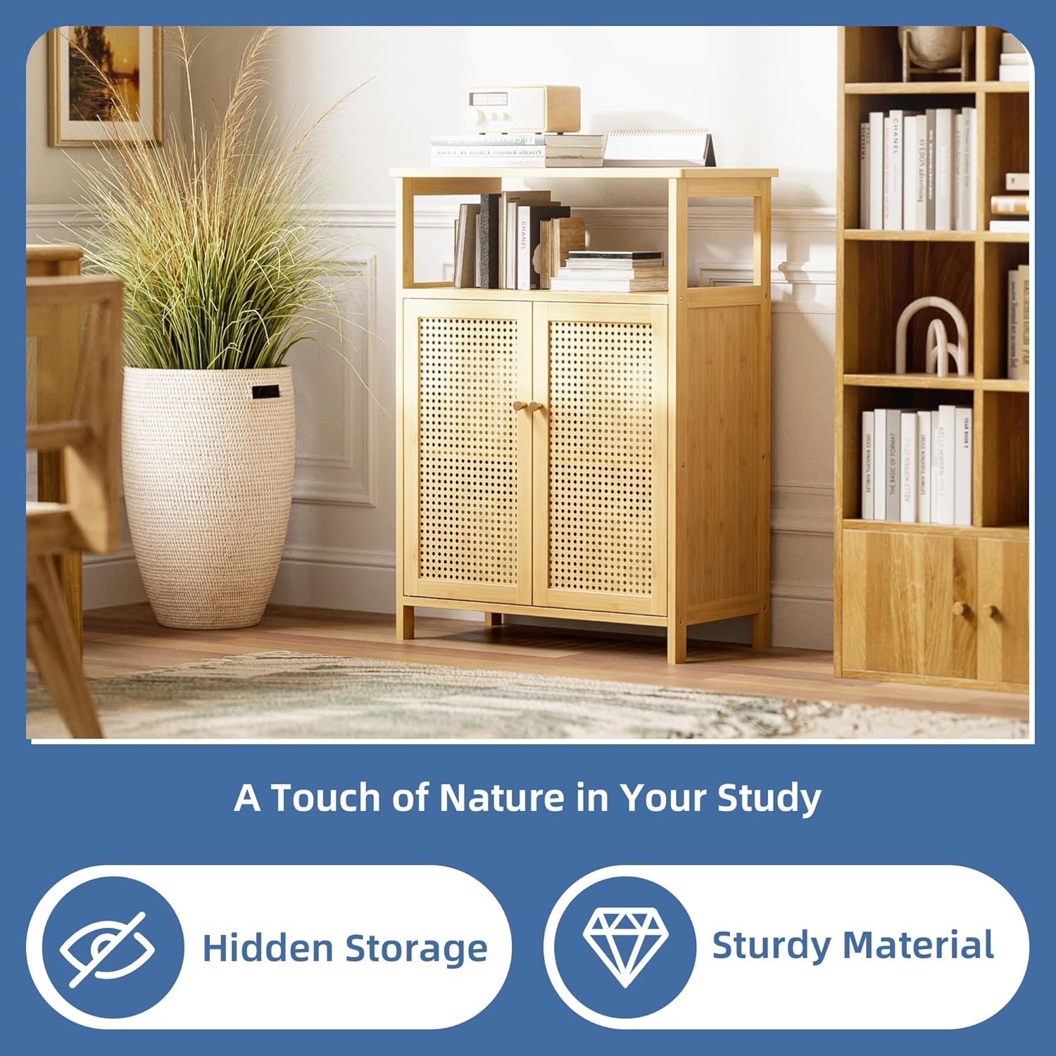 HITNET Rattan Badezimmerschrank, Bambus Badschrank mit Doppeltür, Freistehender Bodenaufbewahrungsschrank Seitenorganizer für Bad, Küche, Wohnzimmer, Natur