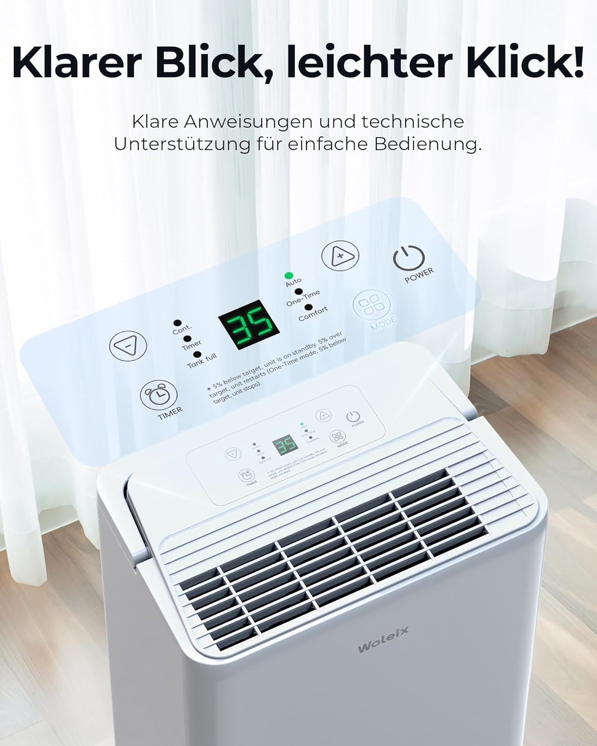 Luftentfeuchter elektrisch 12L, Entfeuchter elektrisch für Keller, Raumentfeuchter elektrisch 35dB für Räume bis zu 122m³/25m², mit Filter und 1M Ablaufschlauch, Timer, 10 J. Gar.