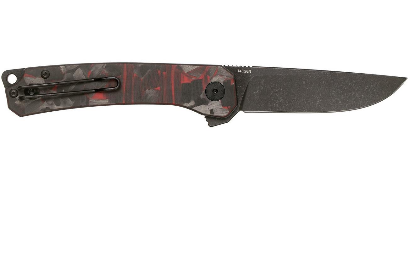 QSP Knife Osprey QS139-F2 Red Shredded Carbonfiber, Blackwashed, zakmes