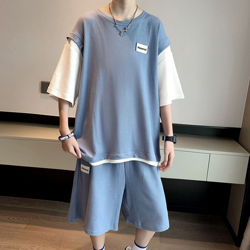 Whyessa - Set: Korte mouwen nep tweedelig oversized top + joggingbroek