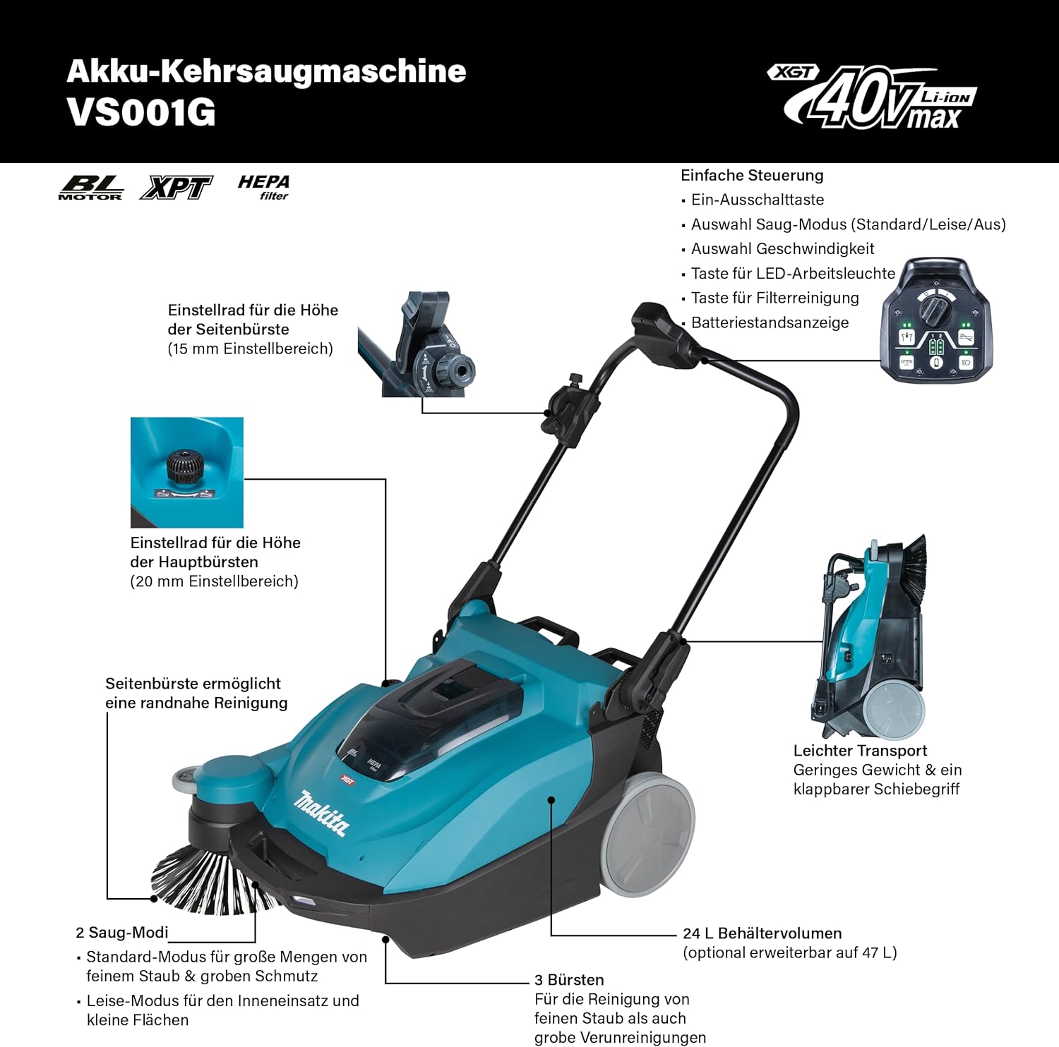 Makita VS001GZ Akku-Kehrsaugmaschine 40V max. (ohne Ladegerät und Akkus)