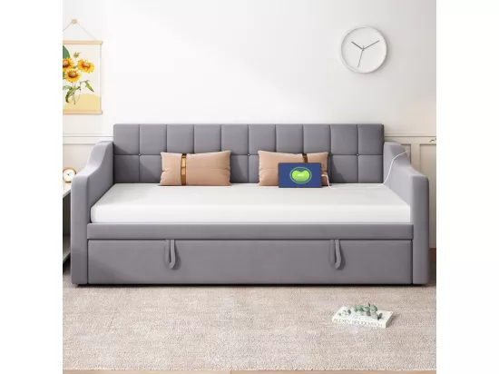 Canapé-lit capitonné 90/180x190 cm - Velours - Avec sommier - Avec housse de rangement - Gris (sans matelas)