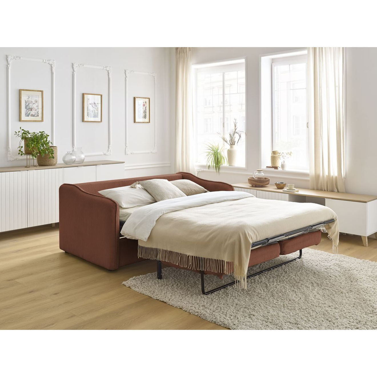 Bobochic Canapé droit convertible express en Velours côtelé 3 places Lenny orange - 178x102x89 cm