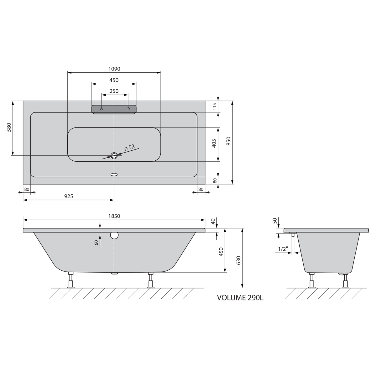 Polysan Monolith Cascata half vrijstaand bad met zwarte waterval uitloop 185x85cm