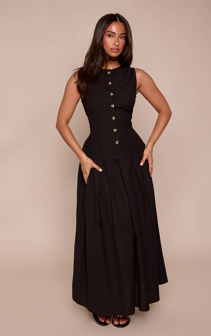 Noir Robe Maxi Taille Basse Boutonnée Effet Lin Petite