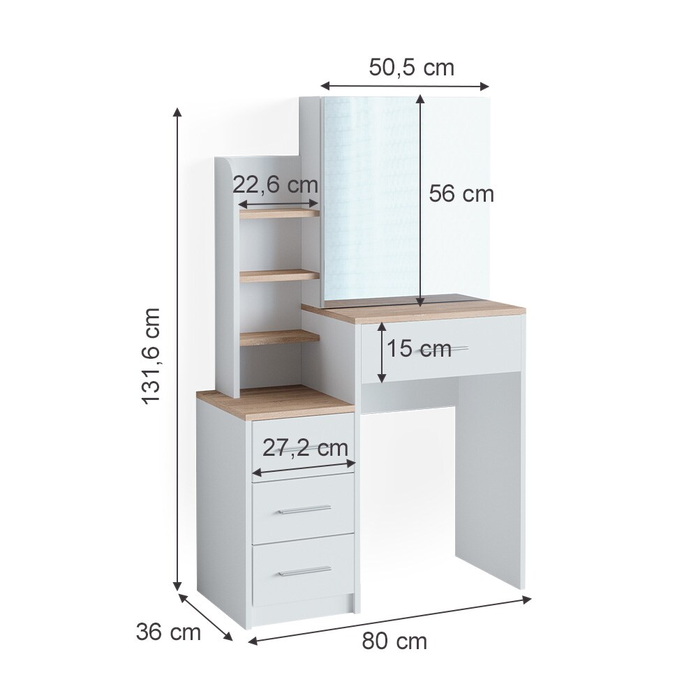 Vicco Schminktisch Frisiertisch Kosmetiktisch Conrada Weiß Sonoma Schminkspiegel 80x132 modern Schlafzimmerkommode Schminkkommode Schublade Spiegelschrank Frisierkommode Make-Up-Tisch