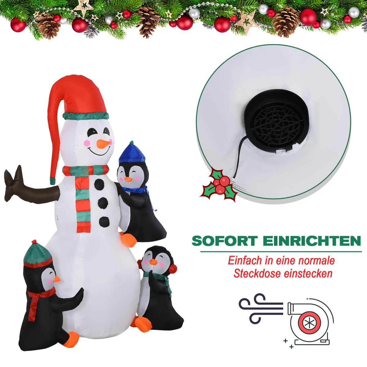 HOMCOM Opblaasbare kerstsneeuwpop met 3 pinguïns, LED's, 140 x 70 x 180 cm, polyester, veelkleurig