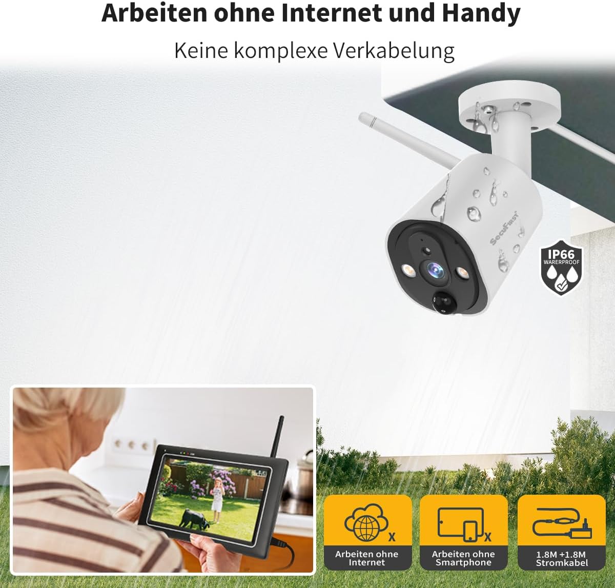 SecuFirst 2K Überwachungskamera Aussen Set mit Monitor,4X Kameras Überwachung ohne WLAN +7 Zoll Touchscreen Funk NVR Bildschrim,Gegensprech oder Wiedergabe von Aufnahmen über Monitor und APP.