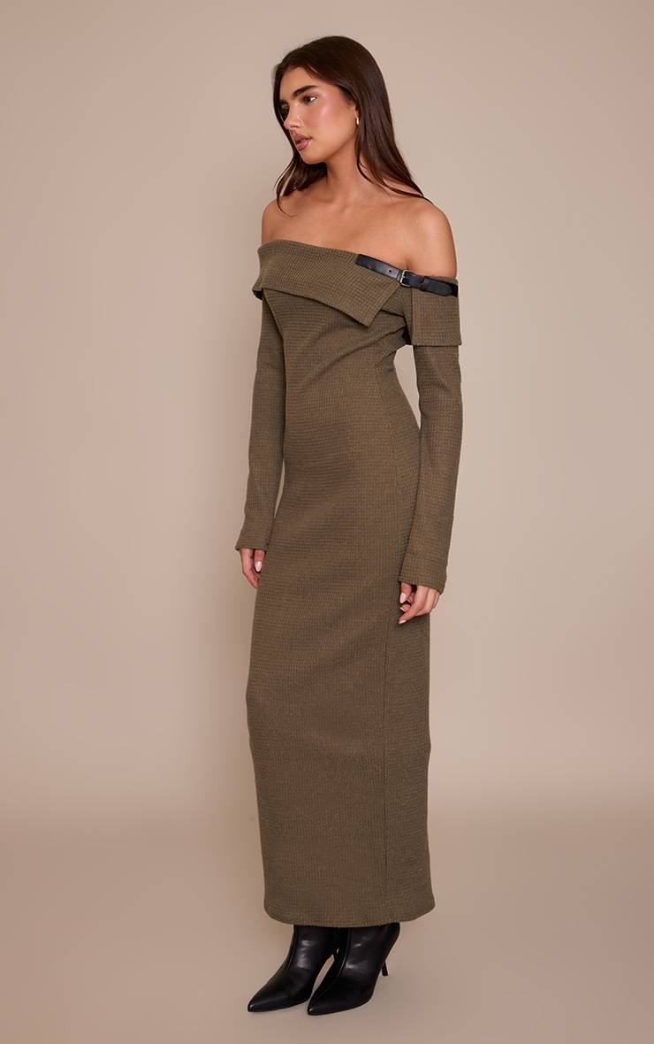 Kaki Robe Longue Texturée À Épaules Dénudées Avec Ceinture