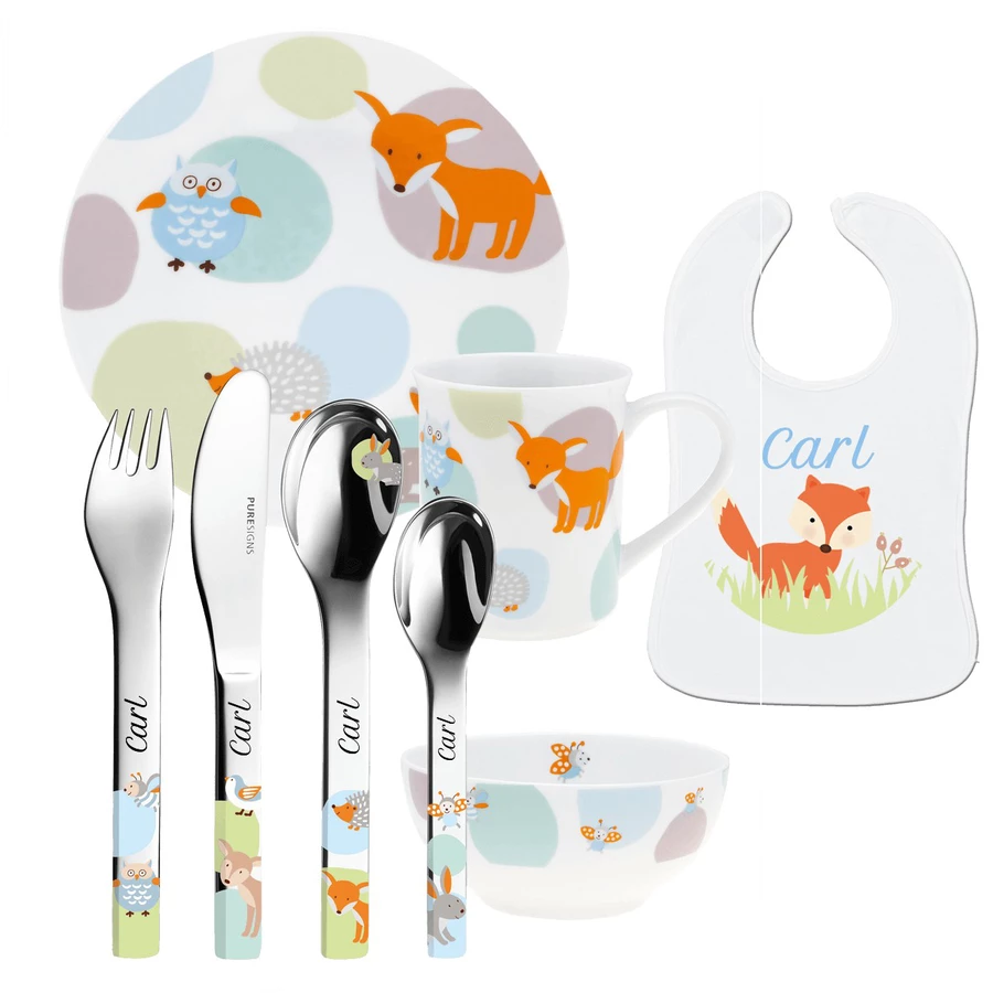 Schnullireich Geschenkset mit Namen Woody: Puresigns Kinderbesteck + Geschirr + Lätzchen Silber