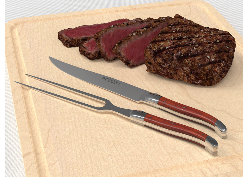 Service à viande Laguiole avec un manche en bois de corail et mitres en acier inoxydable