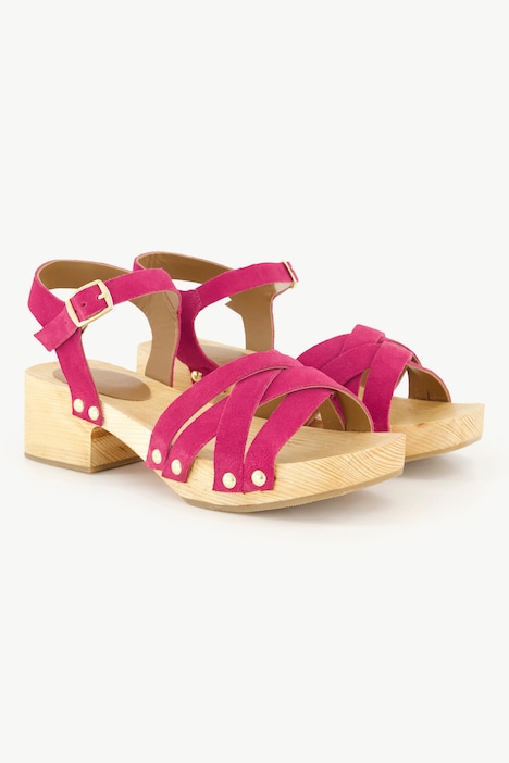 Leder-Clog-Sandaletten, Nieten, Holzsohle, Blockabsatz