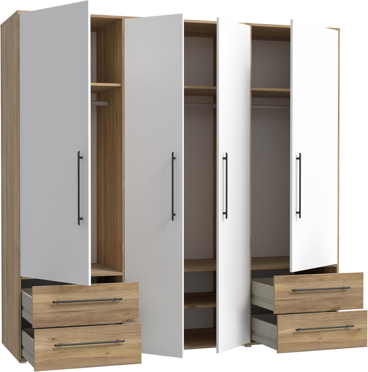 FORTE Jupiter Schrank 200 210, weißer Kleiderschrank, Drehtürenschrank, 4-türig, mit 4 Schubladen und Einlegeböden, Weiß mit Holz Dekor: Mauvella Eiche, 206 cm breit x 59 cm tief x 200 cm hoch