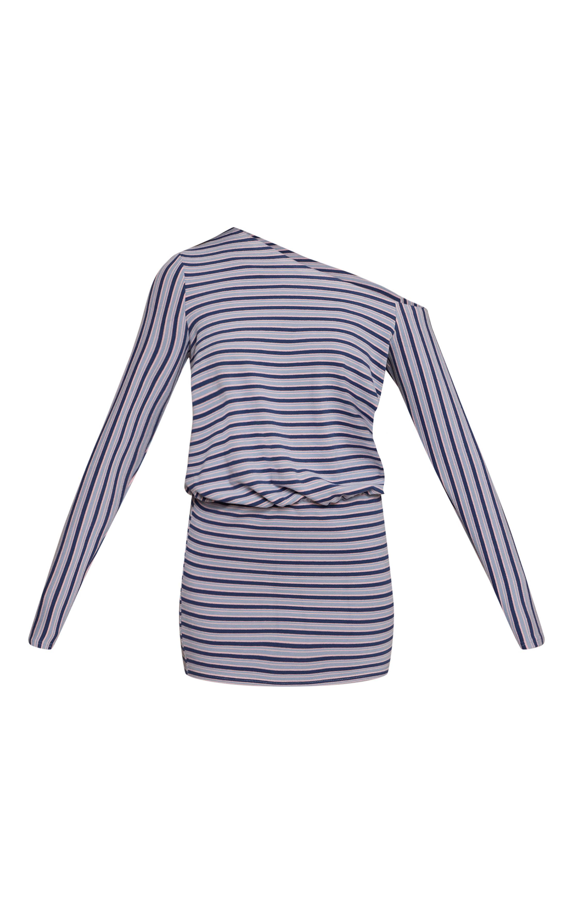 Bleu Marine Robe Moulante Asymétrique À Rayures Et Manches Longues