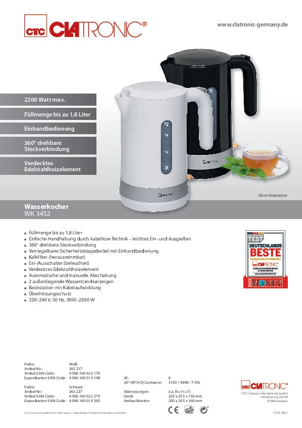 CLATRONIC Wasserkocher WK 3452 weiß 1,8 Liter max. 2200 Watt