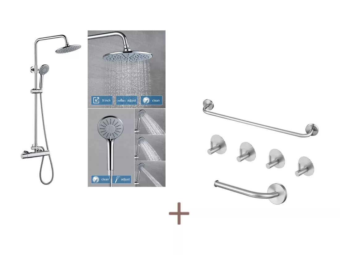 Auralum max Colonne Douche Thermostatique Chromé,Hauteur Réglable,Douchette avec 3 Jets D’eau+Ensemble Salle Bain Accessoire 6 Pièces,Inox,Brossé