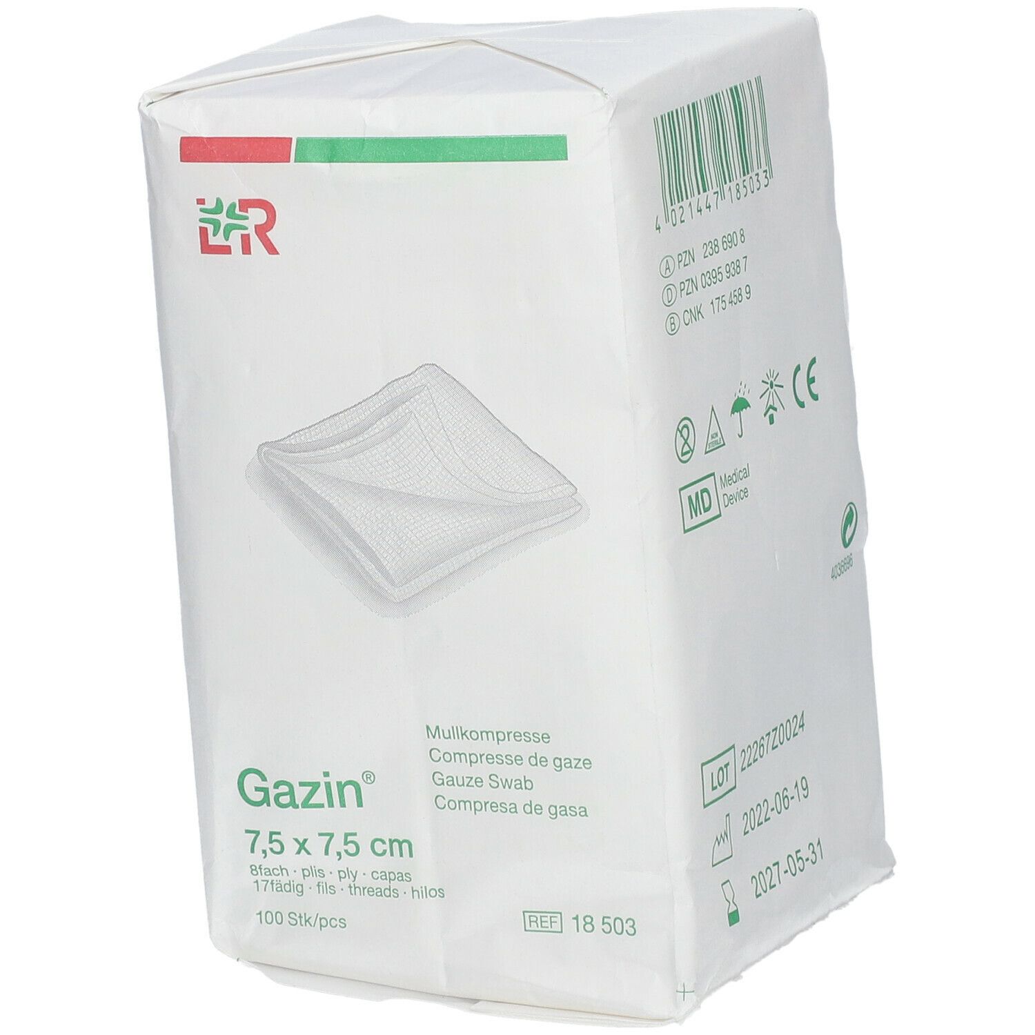 Gazin® Mullkompresse 7,5 cm x 7,5 cm unsteril 8 lagig