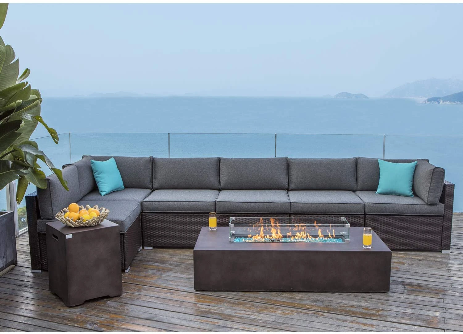 COSIEST 8 Piece Outdoor Wicker Sectional Sofa w Fire Pit Table,Chocolate Brown Patio Furniture Set w 56 x 28 inches Rectangle Bronze Fire Table (50,000 BTU) and Tank Outside(20lb) for Garden