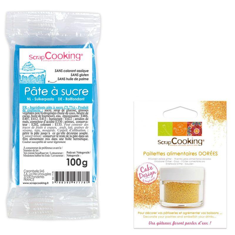 Pâte à sucre bleue 100 g + paillettes dorées Scrapcooking