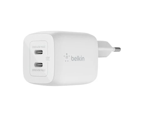 Belkin 45W GaN Dual PD/PPS mini snabbladdare för laptop, mobil, sufplatta, vit