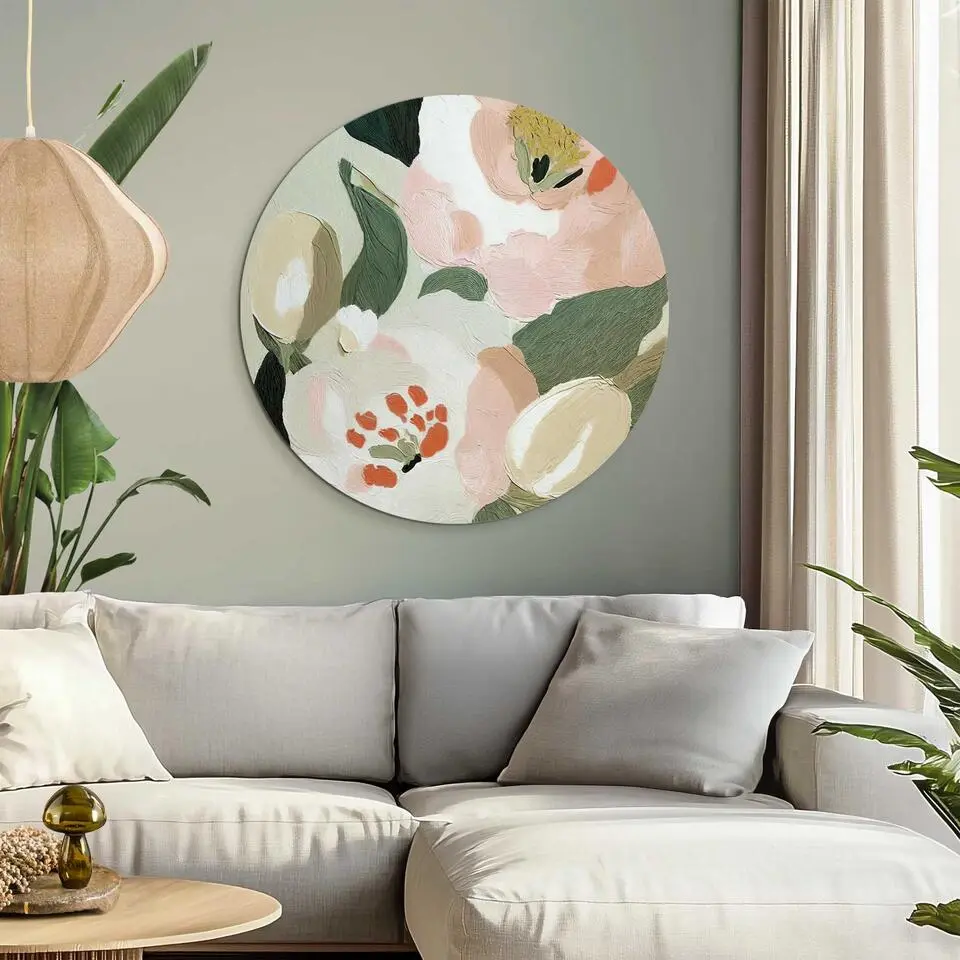 Glasschilderij Pastel bloemen - Ø 70cm - Groen