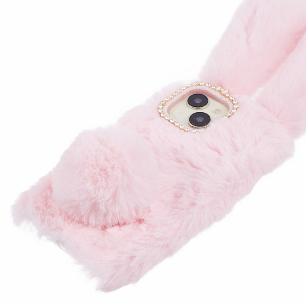 iPhone 15 3D Gummi Plüsch Case Hülle Bunny mit Flauschigen Hasenohren - Rosa