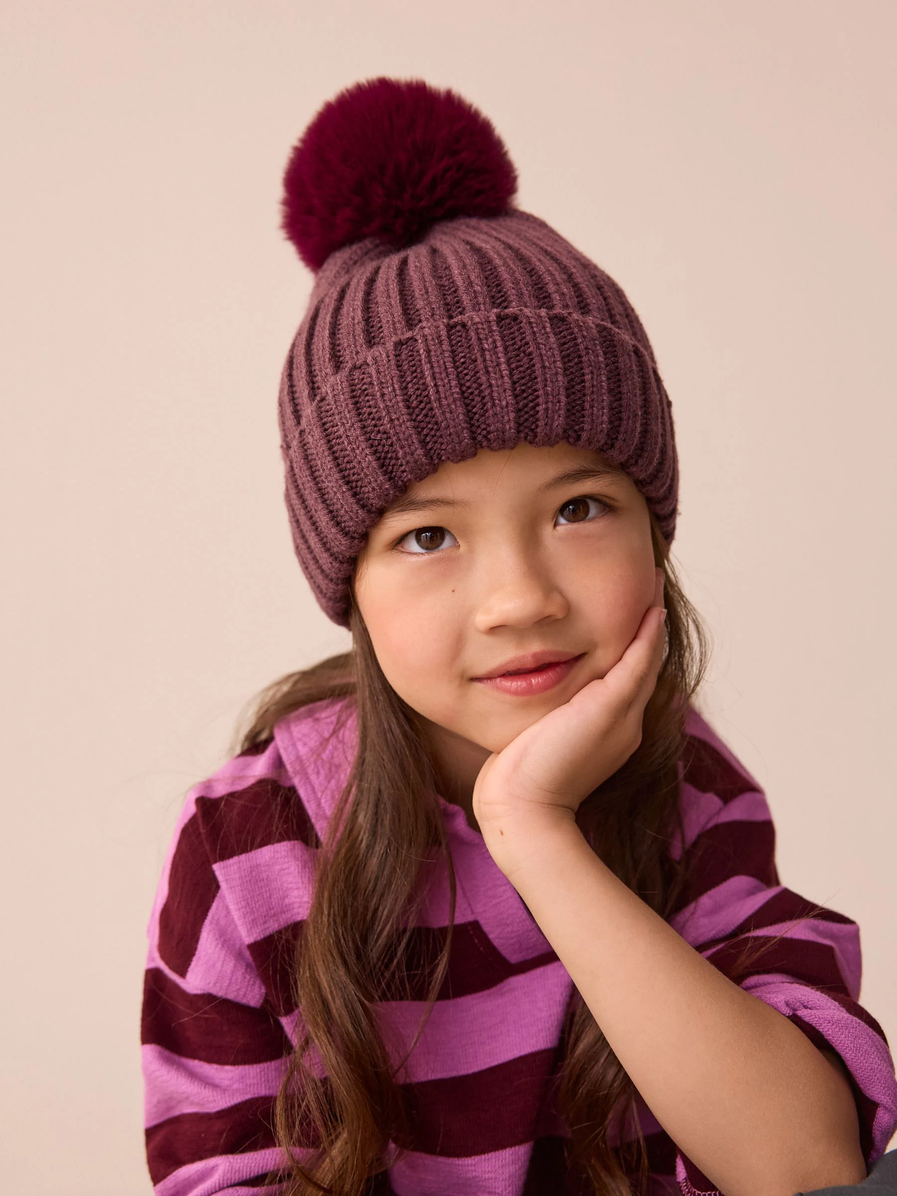Paars - Geribbelde beanie-muts met pompon (3mnd -16jr)