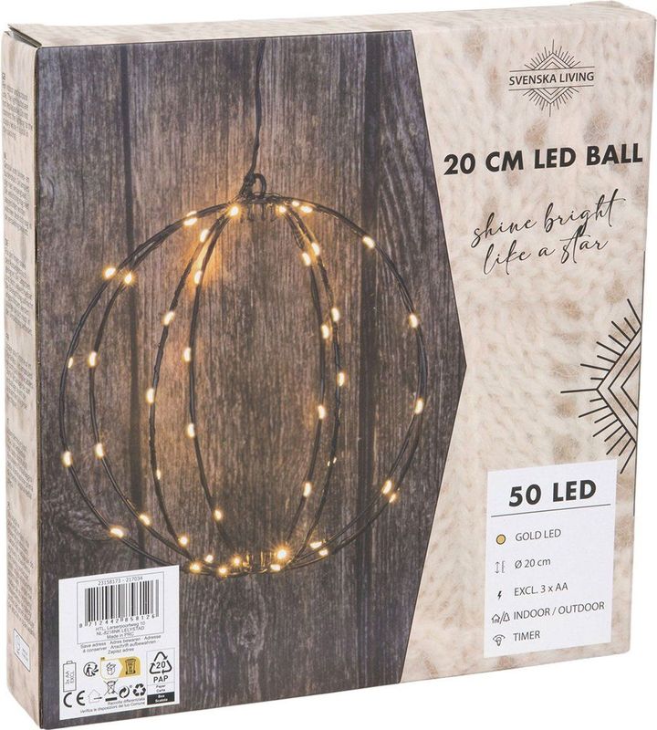 Svenska Living - Bol - Zwart - 20 cm - 50 LED - Timer - IP44 - Kerstverlichting