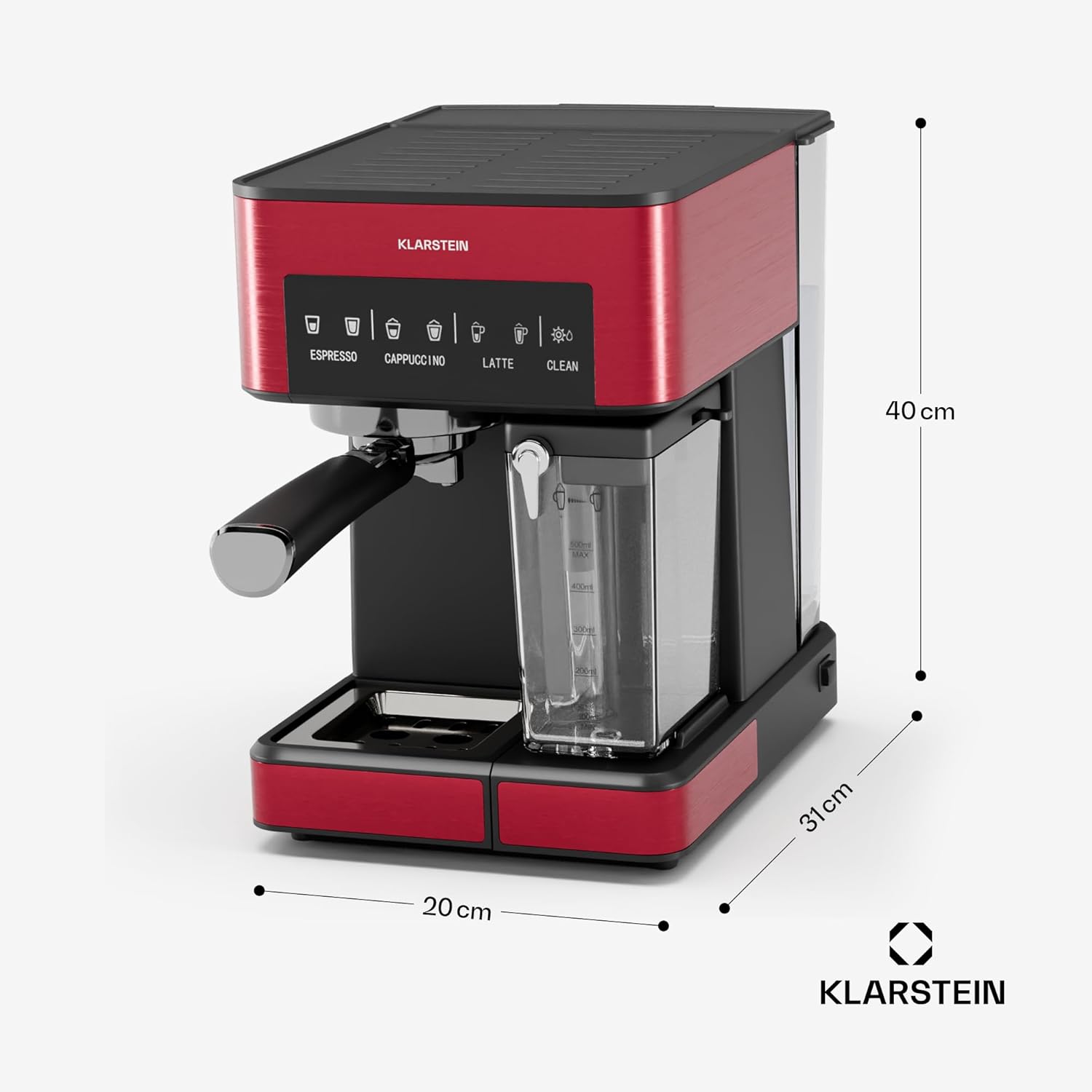 Klarstein Arabica Comfort Siebträgermaschine – 20-Bar, 1350W, Mit Milchaufschäumer, Für Gemahlenen Kaffee & Pads, 1,8L Wassertank, Touch-Bedienfeld, Abnehmbarer Milchtank, Aufschäumdüse aus Edelstahl
