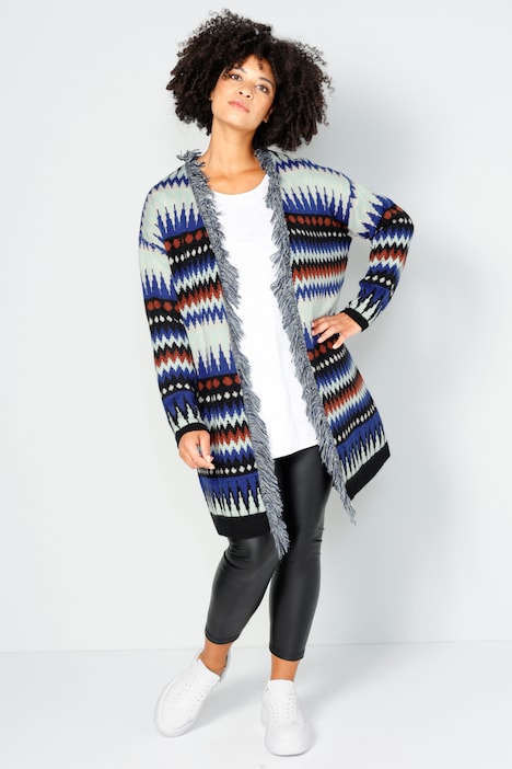 Long-Strickjacke, oversized, Zackenmuster, offene Form, Fransenkante