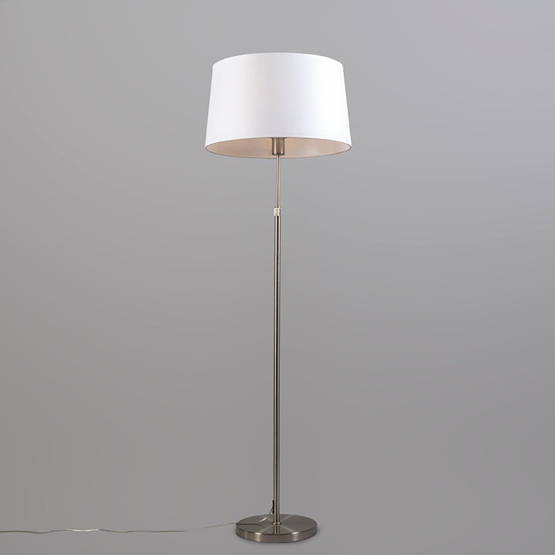QAZQA - Moderne vloerlamp | Staande lamp | Vloerlamp | Lamp | Licht staal | Zilver | Mat nikkel met witte verstelbare lampenkap 45 cm - Parte | Woonkamer | Slaapkamer - Rond staal | Langwerpig