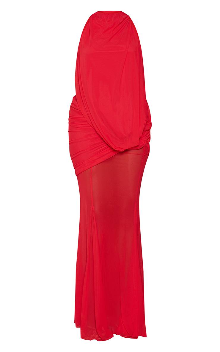 Rouge Robe Maxi Col Montant À Volants Étagés Drapé Asymétrique Et Jupe Sirène En Mesh Plt Label