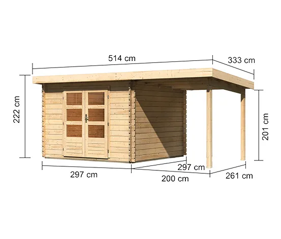 Karibu Gartenhaus mit 2 m Anbaudach »Baltasar 5«, naturbelassen, 28 mm