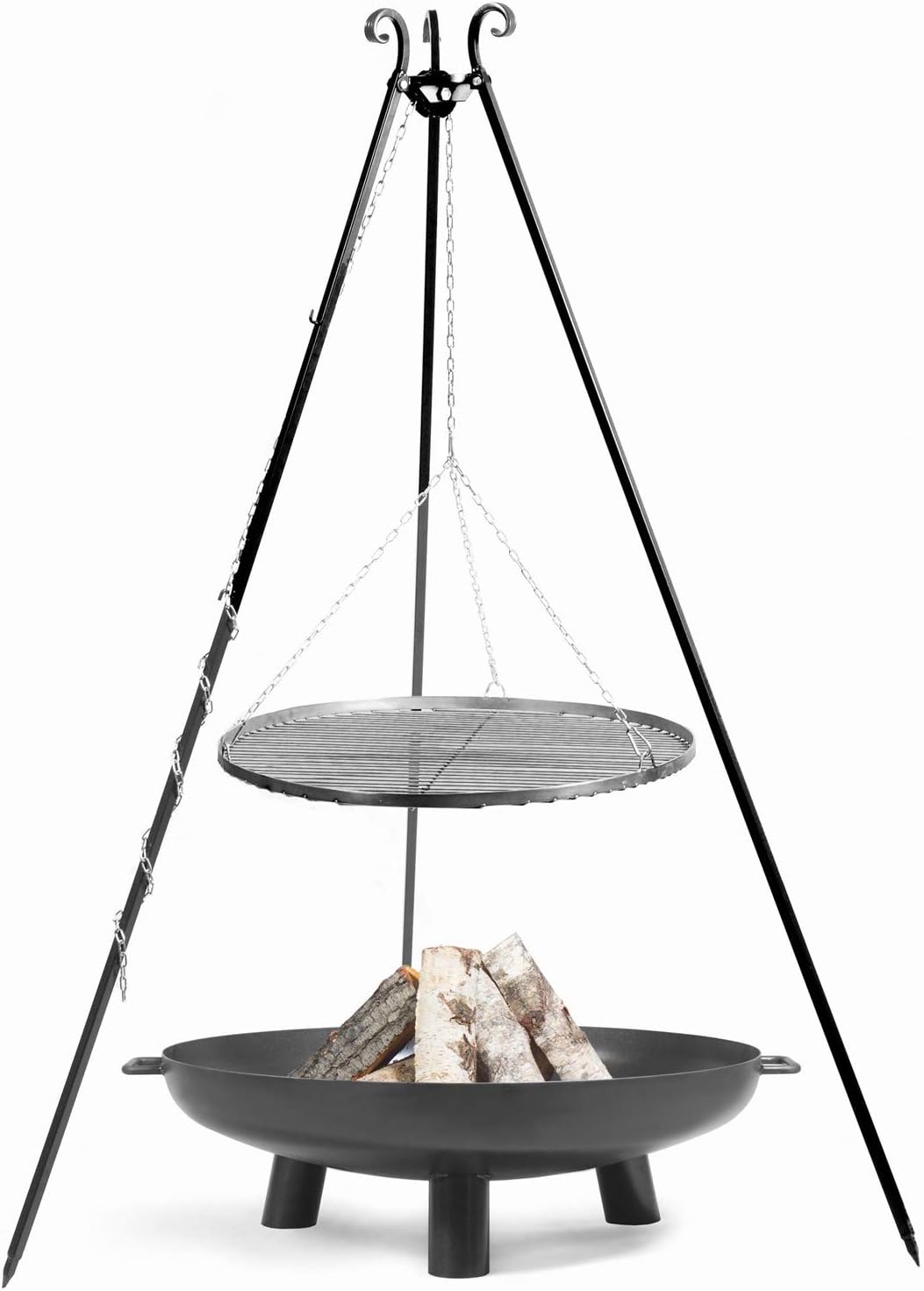 Set: Dreibein H 180 cm mit Grillrost Ø 80 cm Edelstahl + Feuerschale 