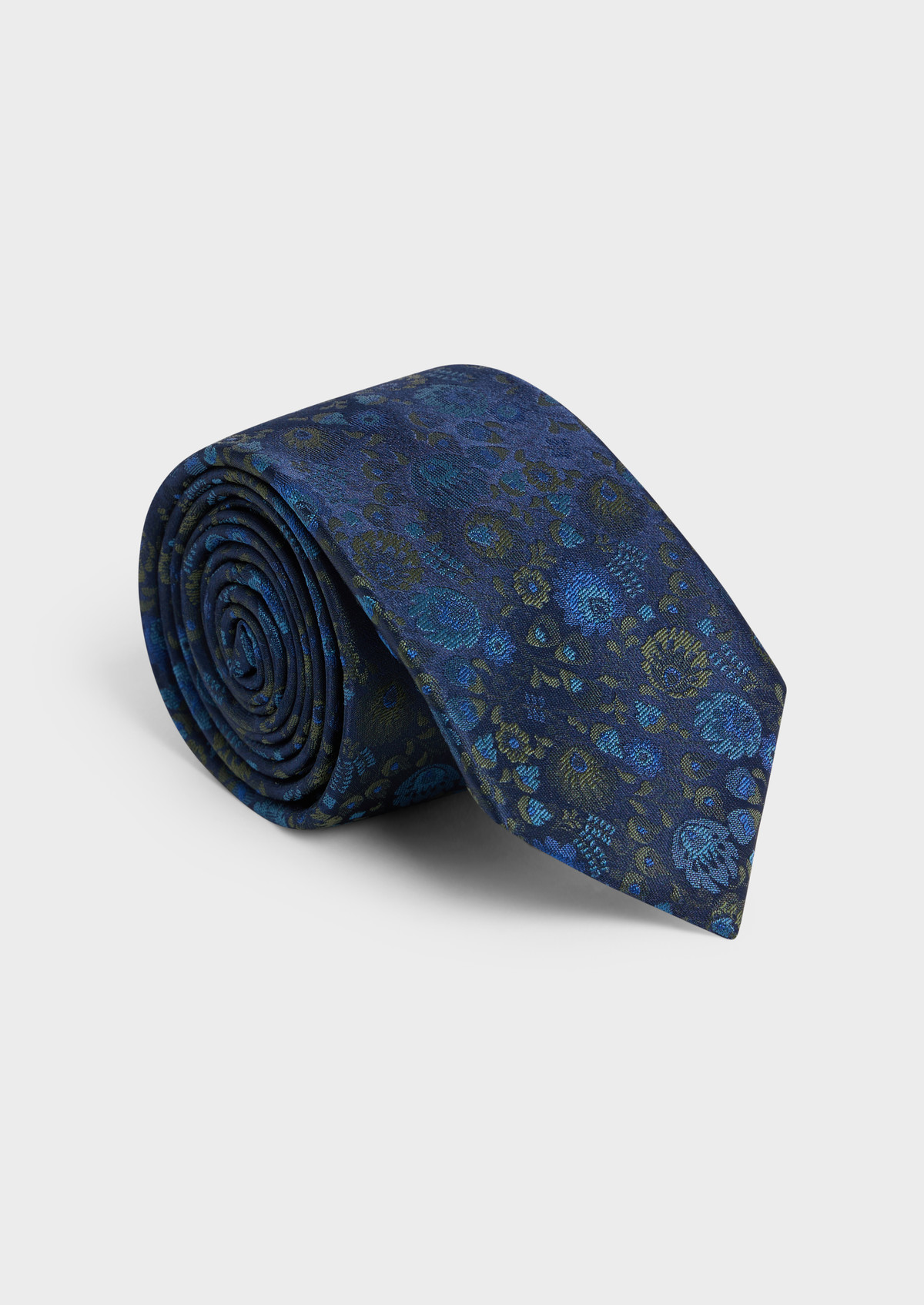 Cravate large en soie mélangée bleu à motif fleuri kaki