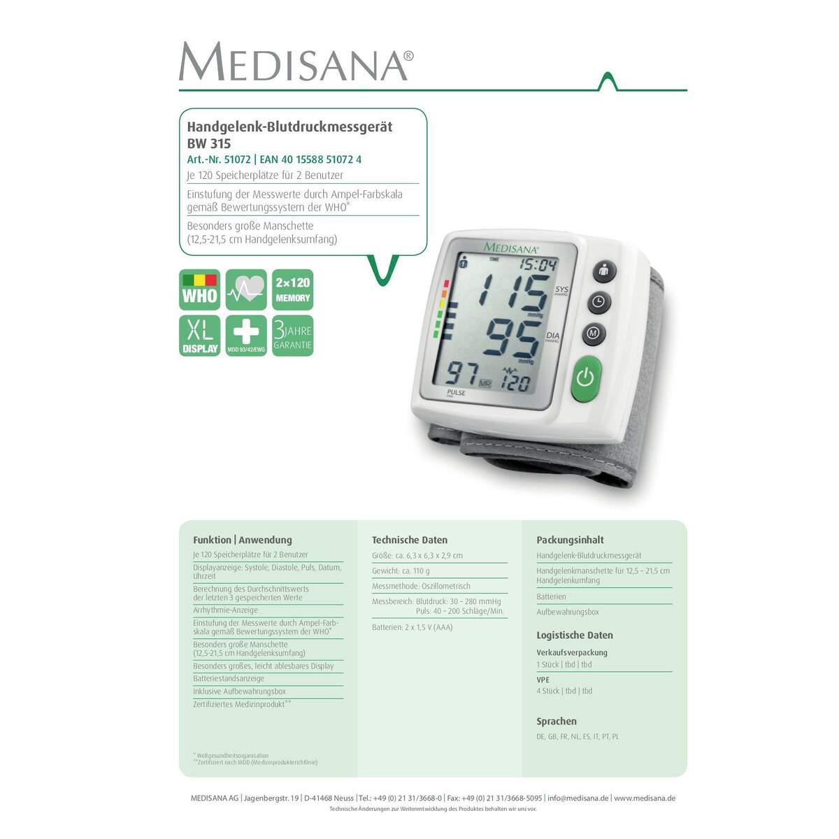 Blutdruckmessgerät BW315 Medisana weiss