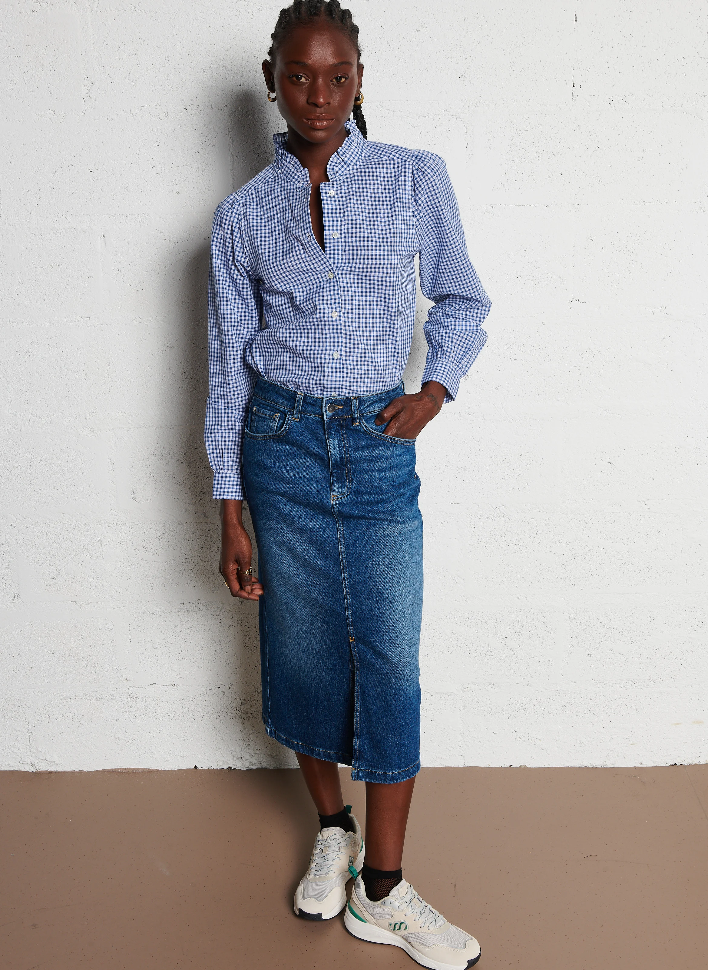 BIRDY - Jupe midi droite en denim stretch | Bleu