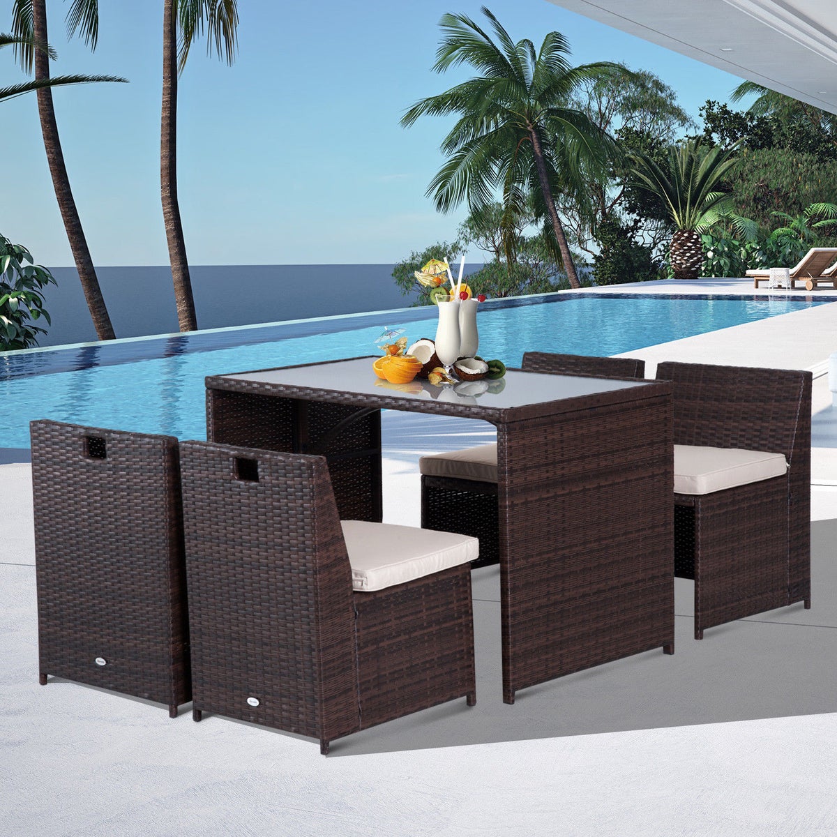 Outsunny 5-delige polyrattan tuinmeubelset, 120L x 69B x 77,5H cm, staal, bruin + kaki